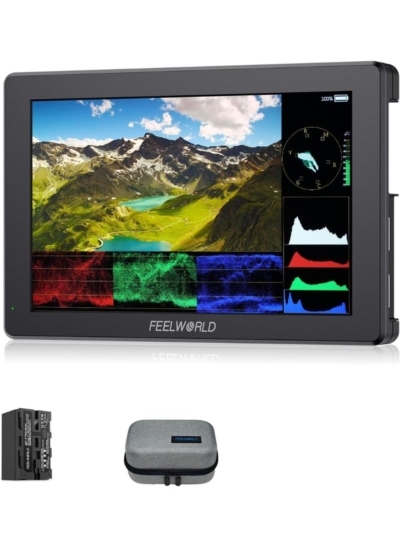 فيل وورلد شاشة مراقبة فيديو ميدانية للكاميرات FEELWORLD T7 PRO مقاس 7 بوصات بهيكل من الألمنيوم وسطوع فائق 2000 شمعة، بدقة ‎1920×1200‎ وتقنية IPS، تدعم 4K عبر HDMI بمعدل 60 هرتز، مزودة بخاصية شكل الموجة (Waveform) ودعم LUT وHDR، مع بطارية F750 بسعة 4400 مللي أمبير وحقيبة مرفقة. - Image 1